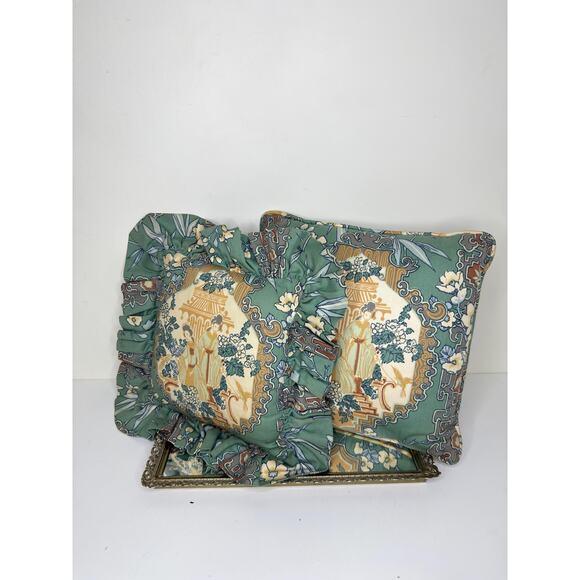 Set of Two Rare Sage Green Japanese Geisha Throw Pillows Chinioserie Garden - Picture 2 of 10